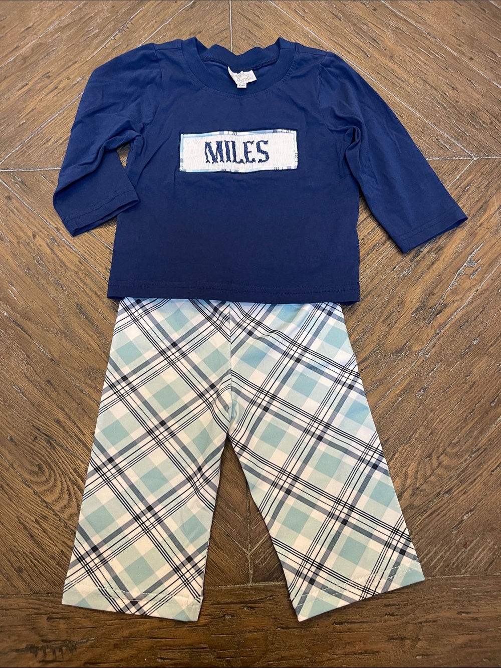 Sew Magnolia Smocks Navy and Light Blue Plaid Pant Set - Personalized 'Miles'